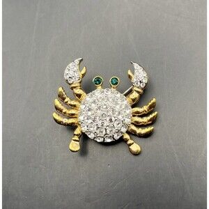 Sparkly Rhinestone Crab Brooch Pin Gold Tone Clear Green Eyes Ocean Sea Animal